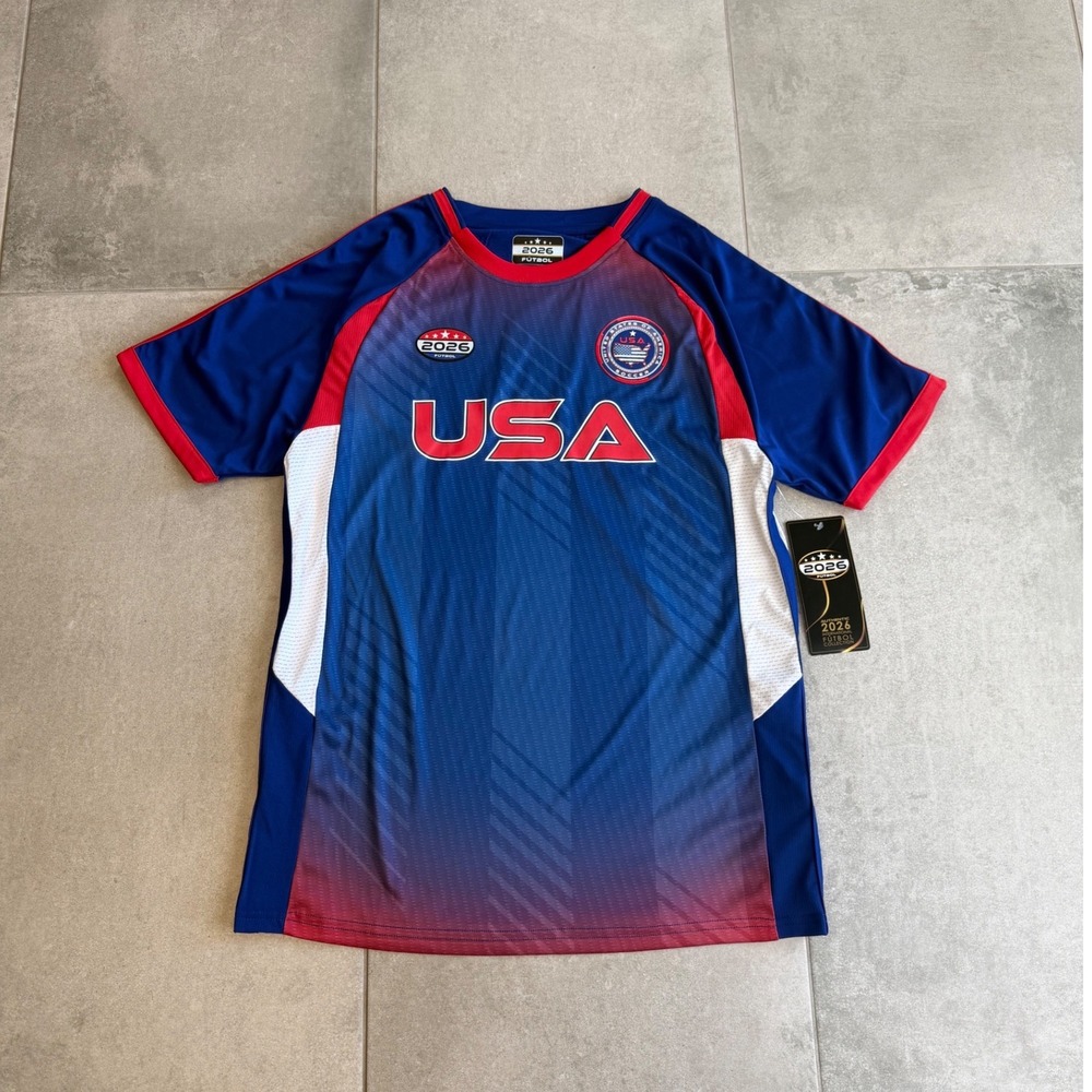 NWT 2026 Futbol USA Soccer Jersey Mens M Blue Red White Authentic Collection